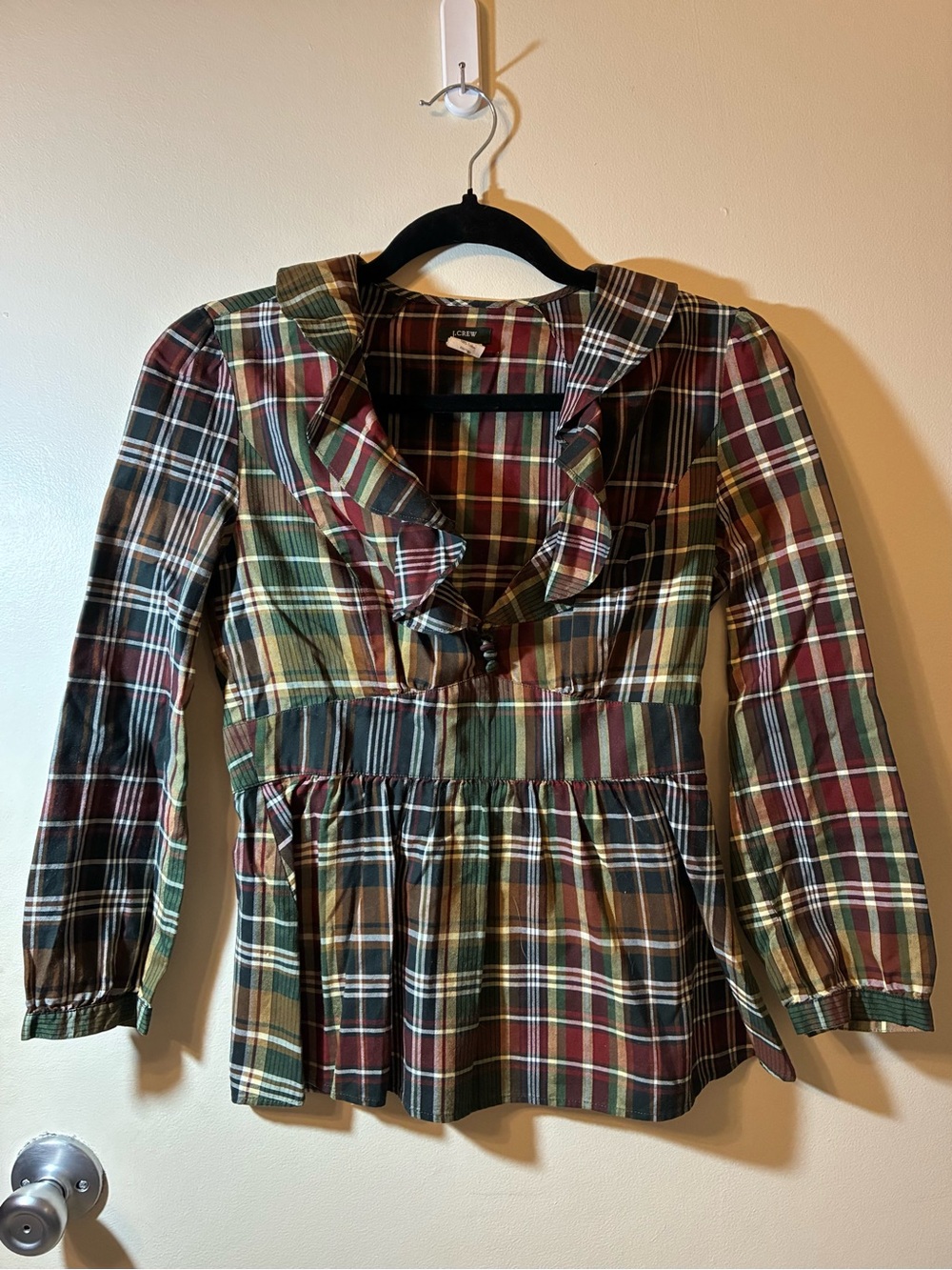 J. Crew Tartan Plaid Ruffle V-Neck Cotton Blouse 100% Cotton Peplum Eurocore 00